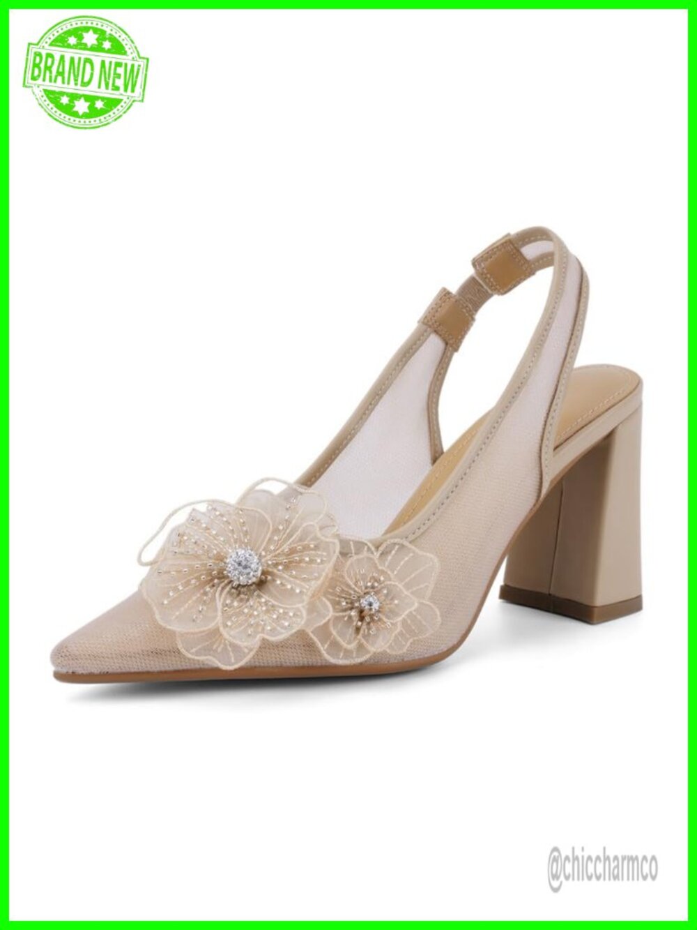 Lace Mesh Slingback Pointed Toe Block Heel Pumps Wedding Formal